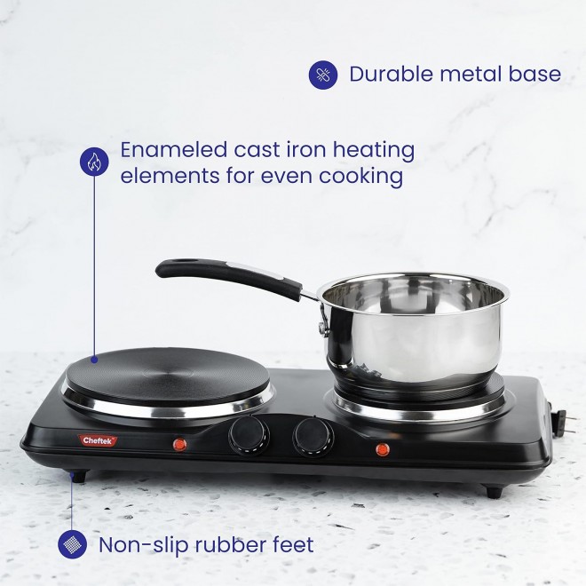 Cheftek Electric Double Burner Hot Plate - With Powerful 1700W, Adjustable Temperature Control, Portable Cooktop Compatible With All Cookware, Enamel-Coated, Non-Slip Feet, Countertop Burner