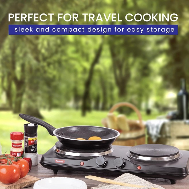 Cheftek Electric Double Burner Hot Plate - With Powerful 1700W, Adjustable Temperature Control, Portable Cooktop Compatible With All Cookware, Enamel-Coated, Non-Slip Feet, Countertop Burner