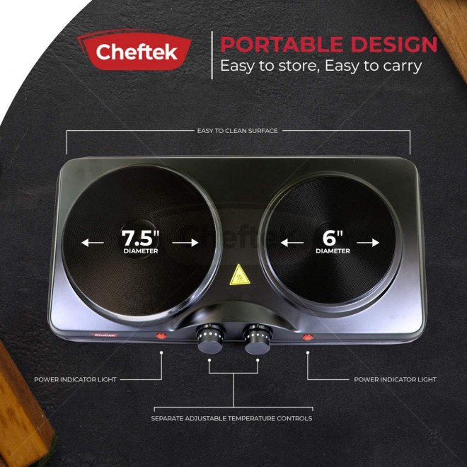 Cheftek Electric Double Burner Hot Plate - With Powerful 1700W, Adjustable Temperature Control, Portable Cooktop Compatible With All Cookware, Enamel-Coated, Non-Slip Feet, Countertop Burner