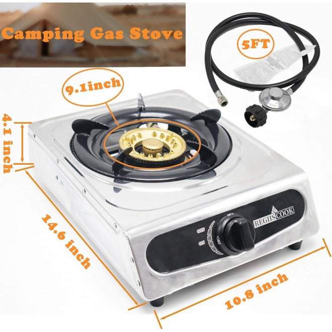 Single Burner Propane Gas Cooktop,Camping Portable LPG Gas Stove, Auto Ignition Stainless Steel Countertop with regulator and burner grate