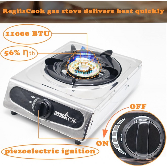 Single Burner Propane Gas Cooktop,Camping Portable LPG Gas Stove, Auto Ignition Stainless Steel Countertop with regulator and burner grate