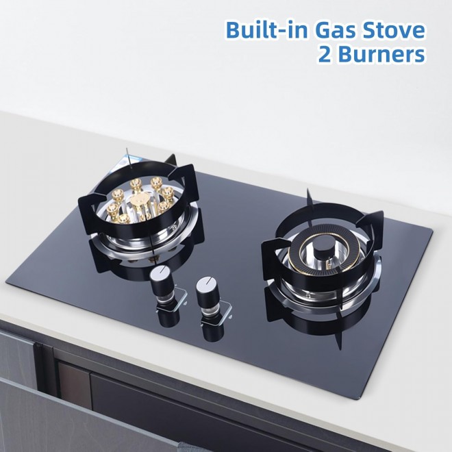 16 Inch Gas Stove, 2 Burner Propane Gas Cooktop, Tempered Glass Gas Stove Top, Portable LPG/NG Stove Burner for Home RV Camping, Auto Ignition, Built-in & Tabletop Dual-use