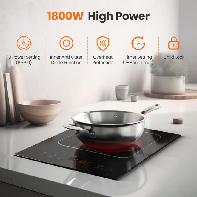 Built-in Ceramic Cooktop,Portable Countertop Burmer,Electric Hot Plate Burner With Double Rings,Touch Electric Stove With Safety Lock,3H Timer,10 Power Levels For Home Cooking 1800W 110-120V