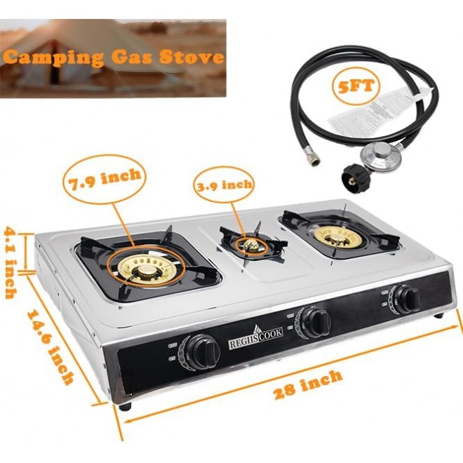 3 Burners Propane Gas Cooktop,Camping Portable LPG Gas Stove, Auto Ignition Stainless Steel Countertop with regulator for Outdoor Kitchen,Camping,RV