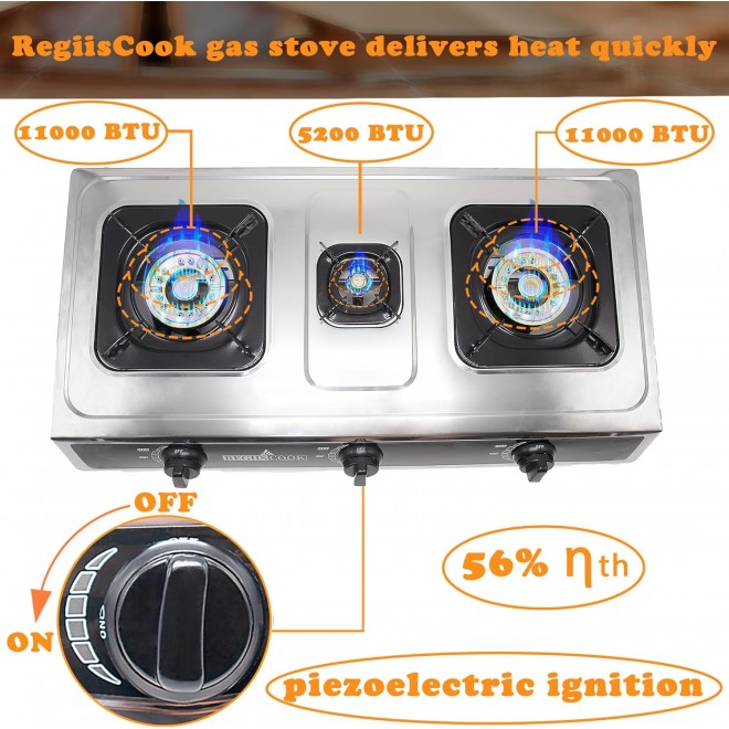 3 Burners Propane Gas Cooktop,Camping Portable LPG Gas Stove, Auto Ignition Stainless Steel Countertop with regulator for Outdoor Kitchen,Camping,RV