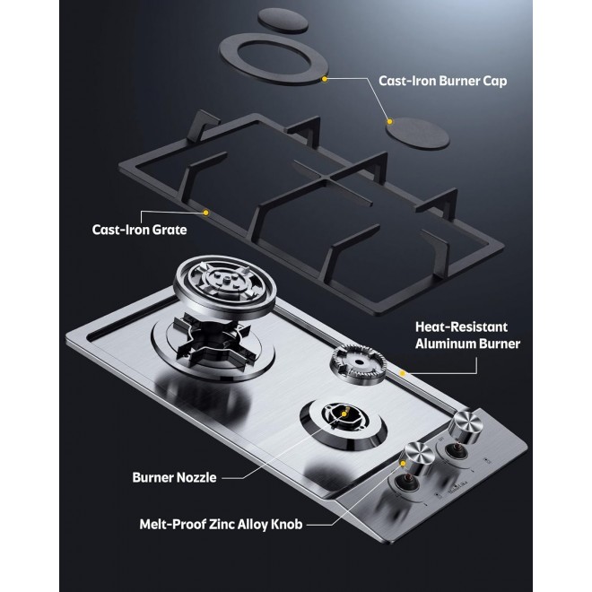 Gas Cooktop 12 Inch, Maharlika 2 Burner Propane Stove Bulit-in Gas Stove Top Stainless Steel, 12 Propane Cooktop NG/LPG Convertible Cooktops Dual Fuel, RV Stove Top with Thermocouple Protect