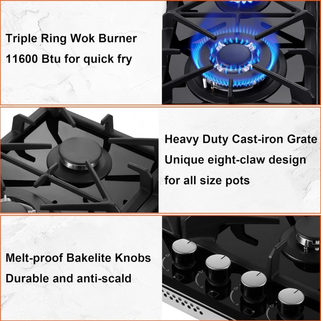 Gas Stove Top 24 inch Eascookchef,24 inch Gas Cooktop 4 Burner,Gas Stove Top NG/LPG Convertible,Black Tempered Glass Dual Burners Propane Cooktop with Thermocouple Protection,Bulit-in Gas Hob