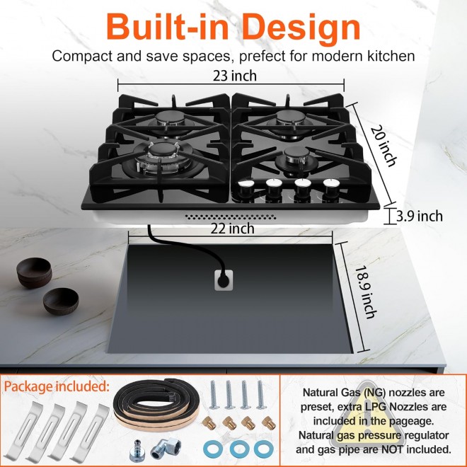 Gas Stove Top 24 inch Eascookchef,24 inch Gas Cooktop 4 Burner,Gas Stove Top NG/LPG Convertible,Black Tempered Glass Dual Burners Propane Cooktop with Thermocouple Protection,Bulit-in Gas Hob