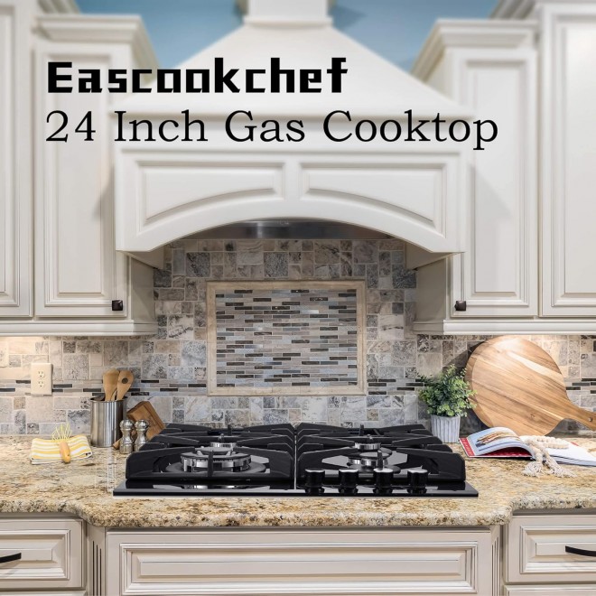 Gas Stove Top 24 inch Eascookchef,24 inch Gas Cooktop 4 Burner,Gas Stove Top NG/LPG Convertible,Black Tempered Glass Dual Burners Propane Cooktop with Thermocouple Protection,Bulit-in Gas Hob