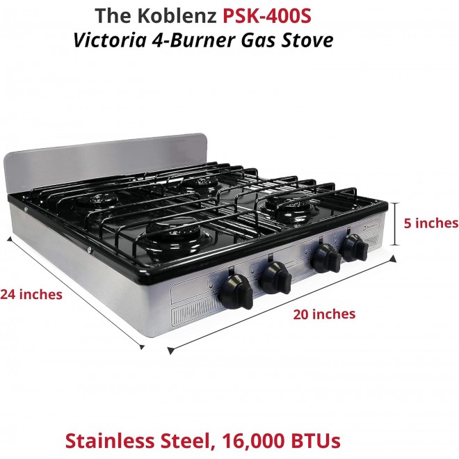 Koblenz PSK-400S 4 Portable Porcelain Cover and Four 16,000 BTU Burners, Stainless Steel Stove for Propane Gas