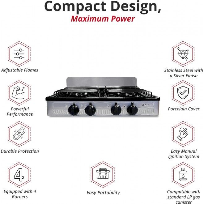 Koblenz PSK-400S 4 Portable Porcelain Cover and Four 16,000 BTU Burners, Stainless Steel Stove for Propane Gas