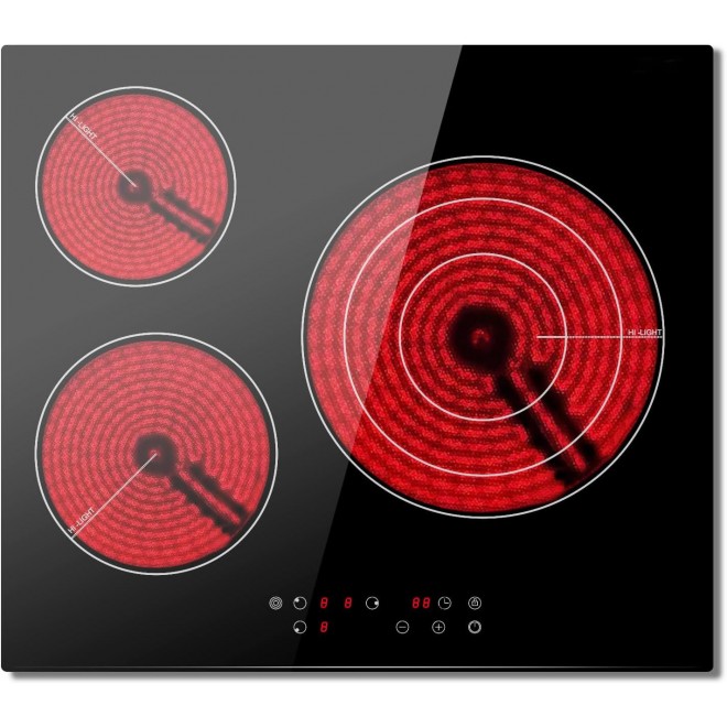 3 Burners Electric Cooktop, Built-in Radiant Electric Stove Top with Timer, 4 Inch Electric Cooktop, Child Lock Safety, Sensor Touch, 5700W 220-240V For Hard Wire With NO PLUG