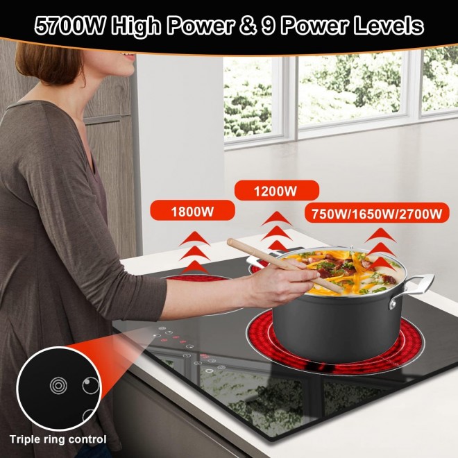 3 Burners Electric Cooktop, Built-in Radiant Electric Stove Top with Timer, 4 Inch Electric Cooktop, Child Lock Safety, Sensor Touch, 5700W 220-240V For Hard Wire With NO PLUG