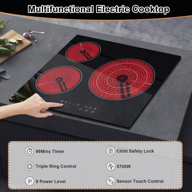 3 Burners Electric Cooktop, Built-in Radiant Electric Stove Top with Timer, 4 Inch Electric Cooktop, Child Lock Safety, Sensor Touch, 5700W 220-240V For Hard Wire With NO PLUG