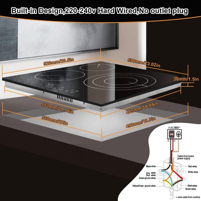 3 Burners Electric Cooktop, Built-in Radiant Electric Stove Top with Timer, 4 Inch Electric Cooktop, Child Lock Safety, Sensor Touch, 5700W 220-240V For Hard Wire With NO PLUG