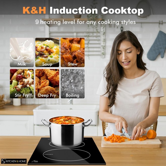 K&H 2 Burner 12 Inch Built-in Induction Electric Stove Top Ceramic Cooktop 120V 1800W INDV-1802-120