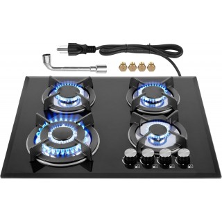 Gas Stovetop 4 Burner, Built-in/Countertop Propane Gas Cooktop, LPG/NG Dual Fuel Convertible Gas Stove Top with Thermocouple Protection, Black Tempered Glass, 27400BTU