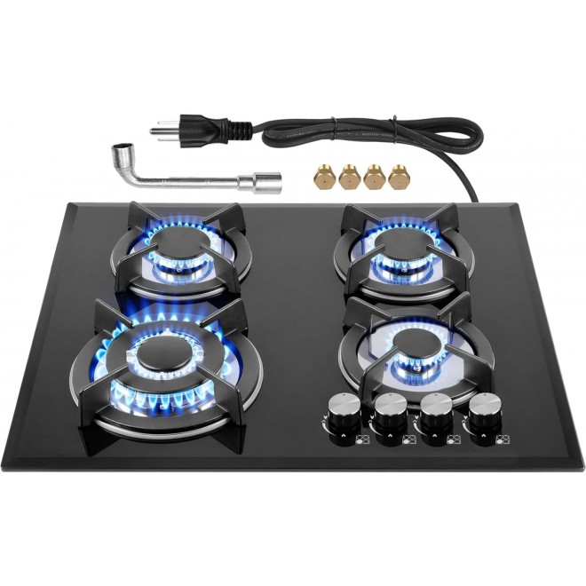 Gas Stovetop 4 Burner, Built-in/Countertop Propane Gas Cooktop, LPG/NG Dual Fuel Convertible Gas Stove Top with Thermocouple Protection, Black Tempered Glass, 27400BTU