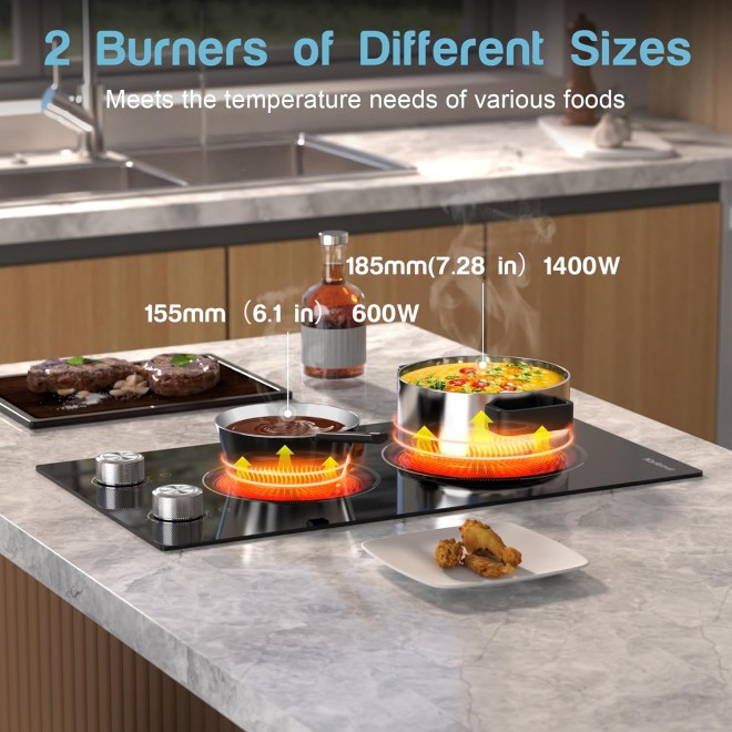 2 Burner Electric Cooktop, 110v Electric Stove with Plug, 12 Inch Countertop & Built-In Portable Electric Stove, 9 Levels of Power, 2000W, Knob Controls, Residual Heat Warnings, Karienvir