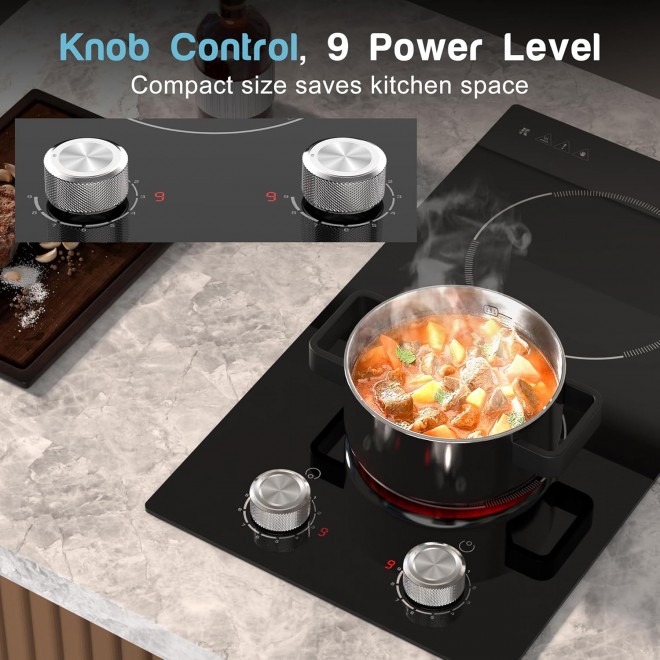 2 Burner Electric Cooktop, 110v Electric Stove with Plug, 12 Inch Countertop & Built-In Portable Electric Stove, 9 Levels of Power, 2000W, Knob Controls, Residual Heat Warnings, Karienvir