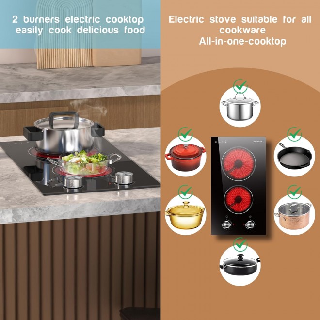 2 Burner Electric Cooktop, 110v Electric Stove with Plug, 12 Inch Countertop & Built-In Portable Electric Stove, 9 Levels of Power, 2000W, Knob Controls, Residual Heat Warnings, Karienvir