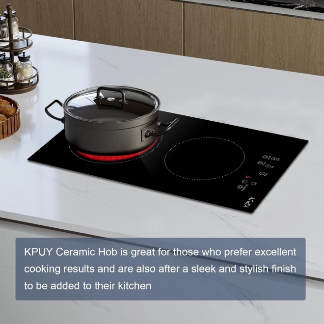 KPUY 2 Burner Electric Cooktop(220-240V for Hard Wire,No Plug), 3200W 12 Inch Built-in Countertop Burner, Sensor Touch, 9 Power Levels, Timer & Safety Lock, Over-Temperature Protection