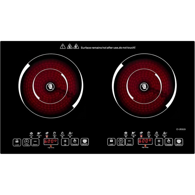 24 inch 2 Burners Electric Cooktop 110V Ceramic Electric Stove with 2 Cooktops 2000W Ajustable portable Electric Cooktop for Cooking(2 Burner Countertop round)