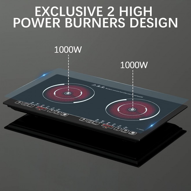 24 inch 2 Burners Electric Cooktop 110V Ceramic Electric Stove with 2 Cooktops 2000W Ajustable portable Electric Cooktop for Cooking(2 Burner Countertop round)