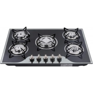 30In Gas Cooktop Stove Top with 5 Burners, Built-In Gas Hob Suitable for Dual Fuel LPG/NG, Tempered Glass Stovetop Cooker for Kitchen, Home, Apartments, RVs, Easy To Clean, Black