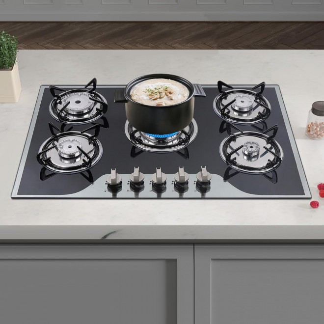 30In Gas Cooktop Stove Top with 5 Burners, Built-In Gas Hob Suitable for Dual Fuel LPG/NG, Tempered Glass Stovetop Cooker for Kitchen, Home, Apartments, RVs, Easy To Clean, Black