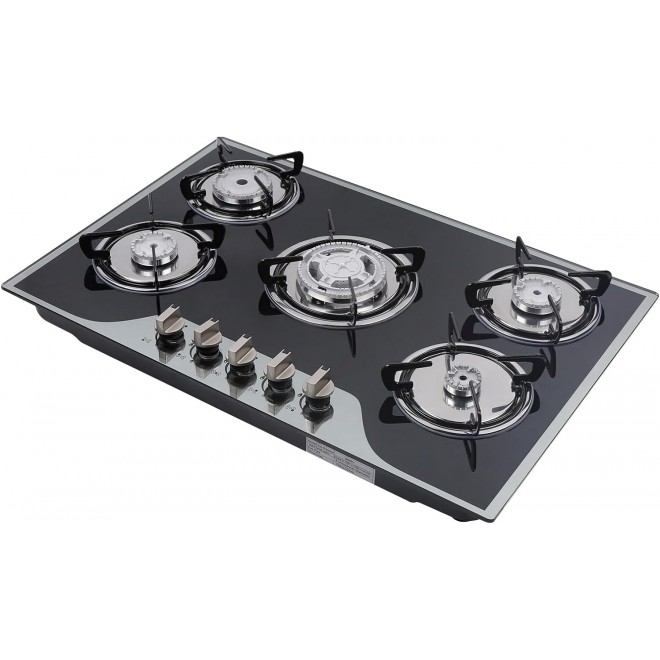 30In Gas Cooktop Stove Top with 5 Burners, Built-In Gas Hob Suitable for Dual Fuel LPG/NG, Tempered Glass Stovetop Cooker for Kitchen, Home, Apartments, RVs, Easy To Clean, Black