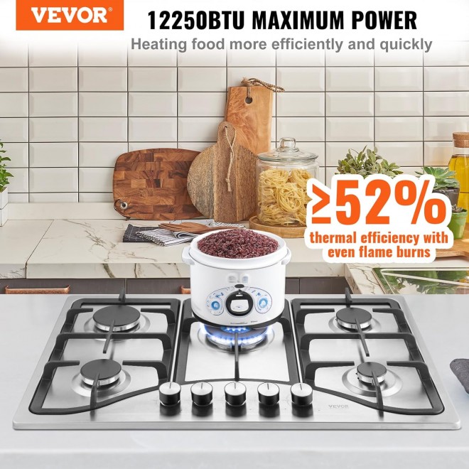 VEVOR 30-inch Gas Cooktop, 5 Burners Built-in Gas Stove Top, Max 12250BTU NG/LPG Convertible Stainless Steel Natural Gas Hob, with Thermocouple Protection for Camping, RV, Apartment