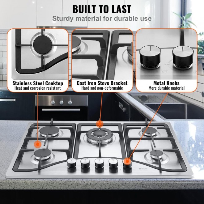 VEVOR 30-inch Gas Cooktop, 5 Burners Built-in Gas Stove Top, Max 12250BTU NG/LPG Convertible Stainless Steel Natural Gas Hob, with Thermocouple Protection for Camping, RV, Apartment