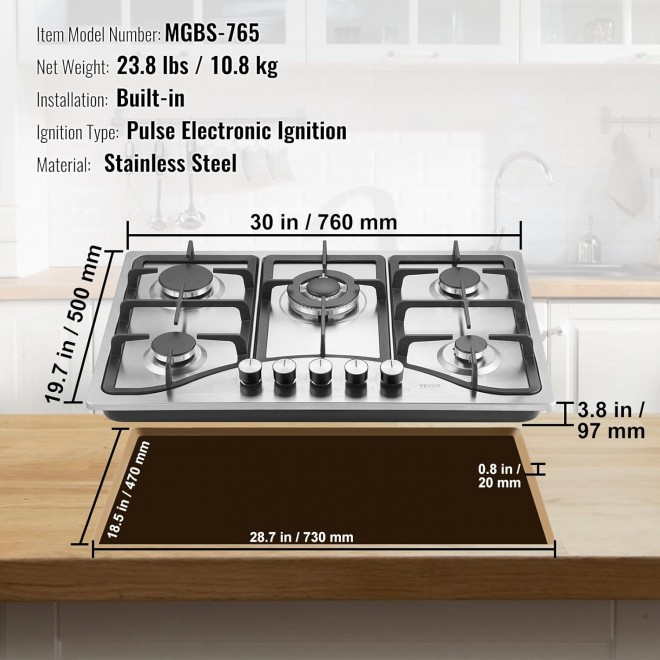 VEVOR 30-inch Gas Cooktop, 5 Burners Built-in Gas Stove Top, Max 12250BTU NG/LPG Convertible Stainless Steel Natural Gas Hob, with Thermocouple Protection for Camping, RV, Apartment