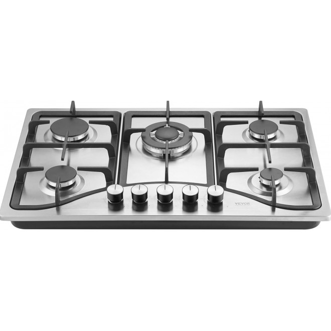 VEVOR 30-inch Gas Cooktop, 5 Burners Built-in Gas Stove Top, Max 12250BTU NG/LPG Convertible Stainless Steel Natural Gas Hob, with Thermocouple Protection for Camping, RV, Apartment