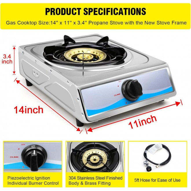 Propane Gas Cooktop，Single Burner Gas Stove Stainless Steel Portable Gas Stove，Auto Ignition Camping Single Burner LPGfor RV, Apartments, Outdoor