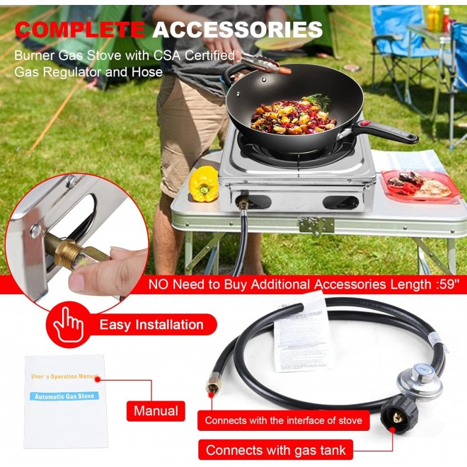 Propane Gas Cooktop，Single Burner Gas Stove Stainless Steel Portable Gas Stove，Auto Ignition Camping Single Burner LPGfor RV, Apartments, Outdoor