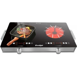 2 Burner Electric Cooktop - 24 Inch Portable Electric Stove Top 110V, 2000W Countertop Double Burner Ceramic Cooktop with LCD Control Panel, Child Lock, Timer, Knob Control with Outlet Plug