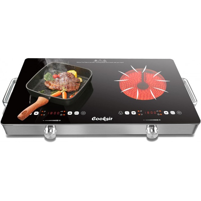 2 Burner Electric Cooktop - 24 Inch Portable Electric Stove Top 110V, 2000W Countertop Double Burner Ceramic Cooktop with LCD Control Panel, Child Lock, Timer, Knob Control with Outlet Plug