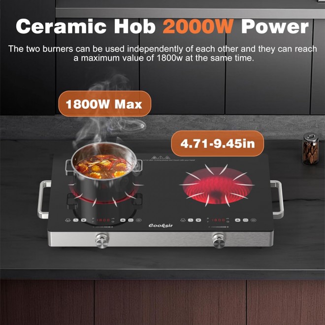 2 Burner Electric Cooktop - 24 Inch Portable Electric Stove Top 110V, 2000W Countertop Double Burner Ceramic Cooktop with LCD Control Panel, Child Lock, Timer, Knob Control with Outlet Plug