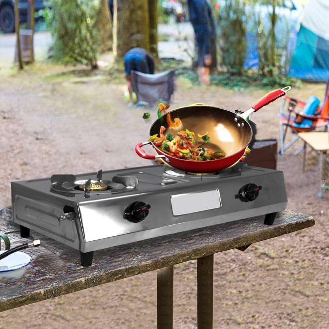 Double Burner Stove - Stainless Steel Propane Portable Cooktop - Propane Range 2 Burner Cooktop - Propane Burner Indian Style Gas Stove For Cooking Outdoor on 2 Burner Gas Stove Camp Stove…