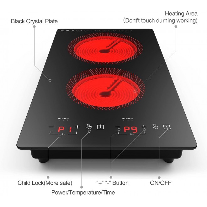 Electric Cooktop, 110v Electric Stove Top 12 inch, Electric Cooktop 2 Burners 2100W, Independent Control 20 Temperature Ranges 9 Power Levels Induction Cooktop, All Kinds of Cookwares