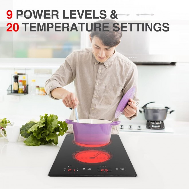 Electric Cooktop, 110v Electric Stove Top 12 inch, Electric Cooktop 2 Burners 2100W, Independent Control 20 Temperature Ranges 9 Power Levels Induction Cooktop, All Kinds of Cookwares