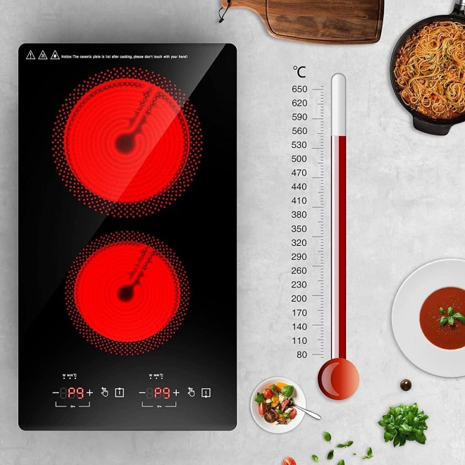 Electric Cooktop, 110v Electric Stove Top 12 inch, Electric Cooktop 2 Burners 2100W, Independent Control 20 Temperature Ranges 9 Power Levels Induction Cooktop, All Kinds of Cookwares