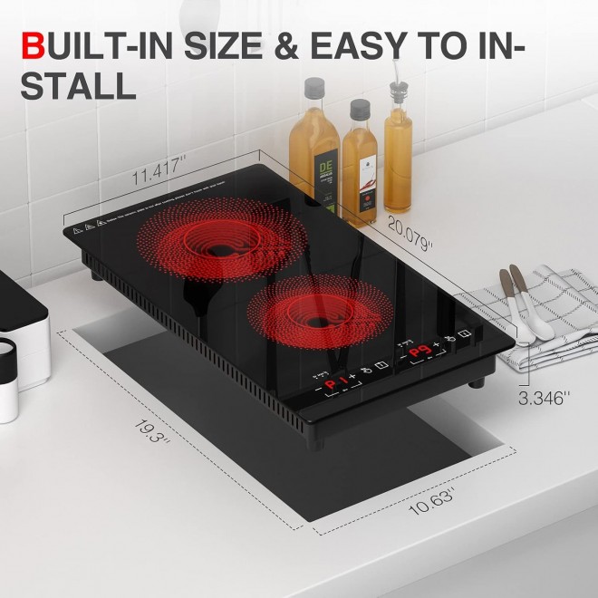 Electric Cooktop, 110v Electric Stove Top 12 inch, Electric Cooktop 2 Burners 2100W, Independent Control 20 Temperature Ranges 9 Power Levels Induction Cooktop, All Kinds of Cookwares