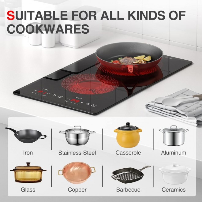 Electric Cooktop, 110v Electric Stove Top 12 inch, Electric Cooktop 2 Burners 2100W, Independent Control 20 Temperature Ranges 9 Power Levels Induction Cooktop, All Kinds of Cookwares