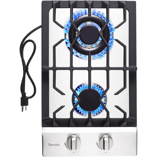 2 Burner Propane Gas Cooktop, 12 Inch LPG/NG Built-in Gas Stove Top with 2 ITALY SABAF Sealed Burners 18,000BTU, Stainless Steel, RV Stove Top with Thermocouple Protect, Apartment, Outdoor