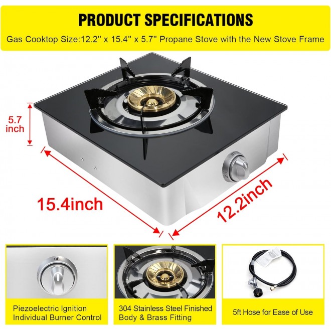 Propane Gas Cooktop 1 Burners Gas Stove portable gas stove Tempered Glass Single Burners Stove Auto Ignition Camping Single Burner LPG for RV,Apartments,Outdoor