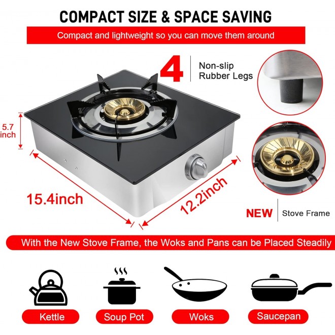 Propane Gas Cooktop 1 Burners Gas Stove portable gas stove Tempered Glass Single Burners Stove Auto Ignition Camping Single Burner LPG for RV,Apartments,Outdoor