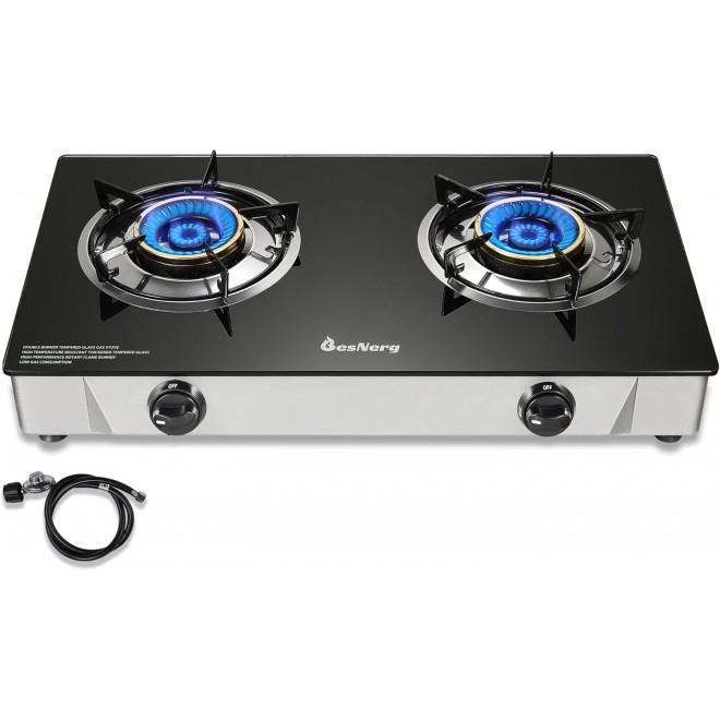 2 Burner Propane Stove Two Burner, Portable Tempered Glass Auto Ignition Gas Cooktop, Suitable for Outdoor-Camping-RVs (BLACK)